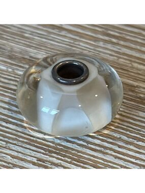 Trollbeads clear glass bead with white abstract inside sterling silver core